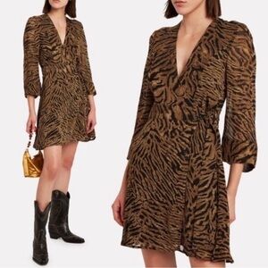 GANNI Brown and Black Animal-Print Wrap Mini Dress XS